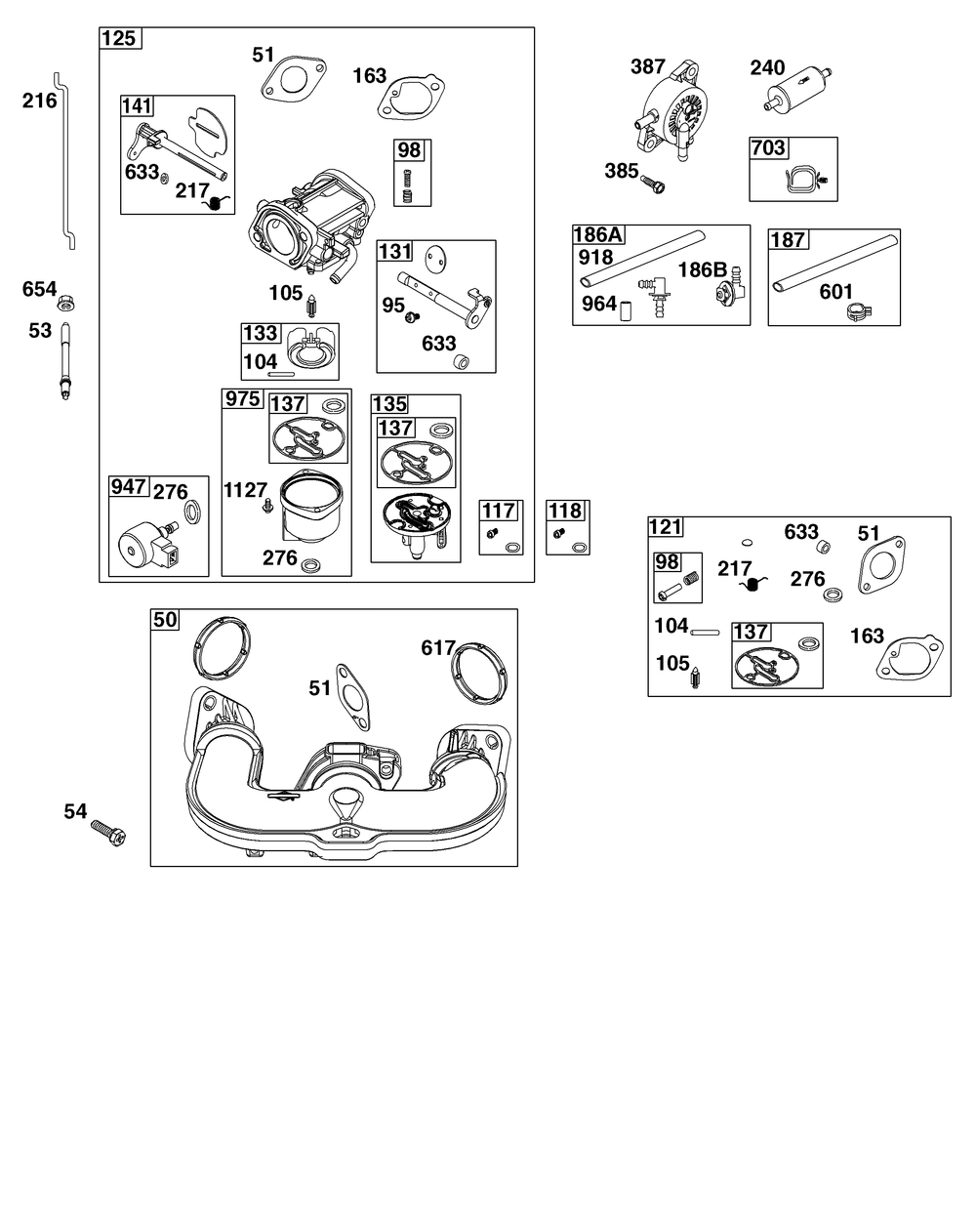 Carburetor And Fuel Supply Group Diagram and Parts List for 44C777-0012-G1 400000 - 699999 Briggs and Stratton Engine